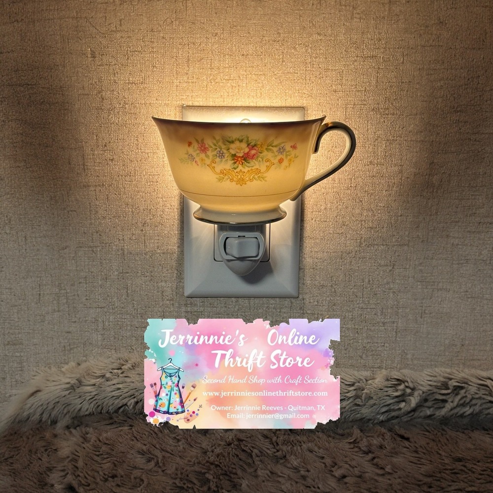 Vintage Upcycled Porcelain Teacup Night Light Floral Gold Trim Plug In Accent